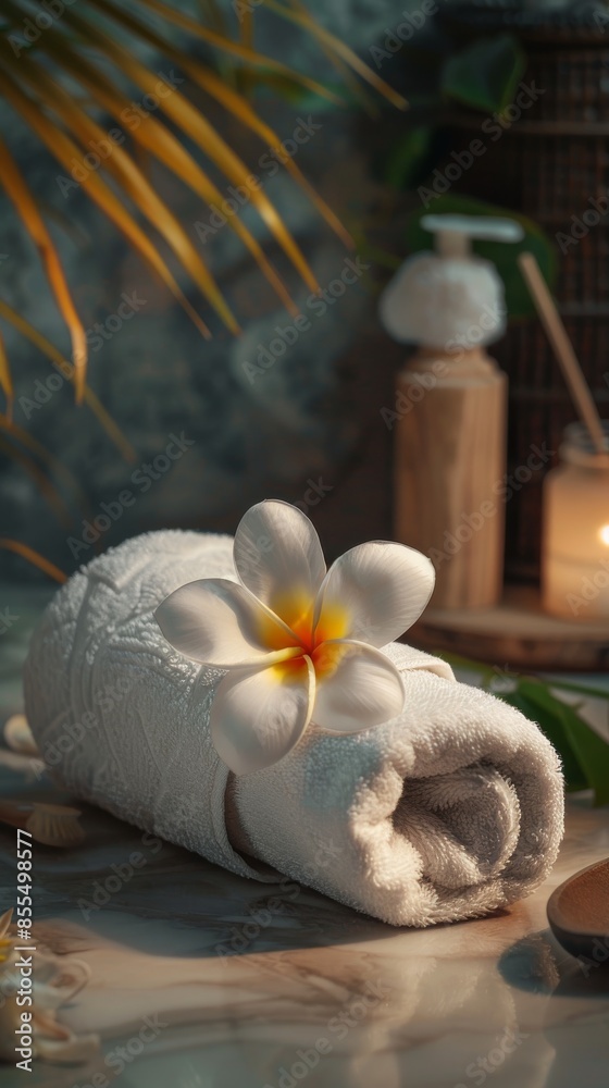 Spa setting with rolled white towel and frangipani flower, warm lighting, relaxation concept Spa setting with rolled white towel and frangipani flower, warm lighting, relaxation concept