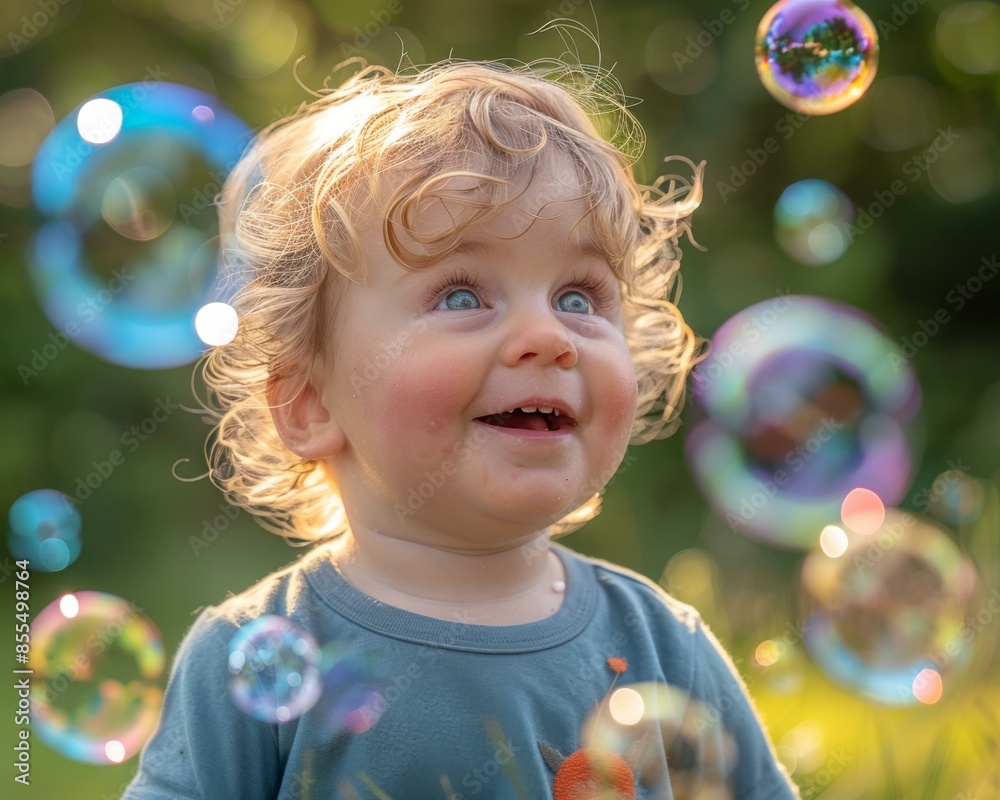 A toddler looks up at bubbles floating in the air. AI. A toddler looks up at bubbles floating in the air. AI.