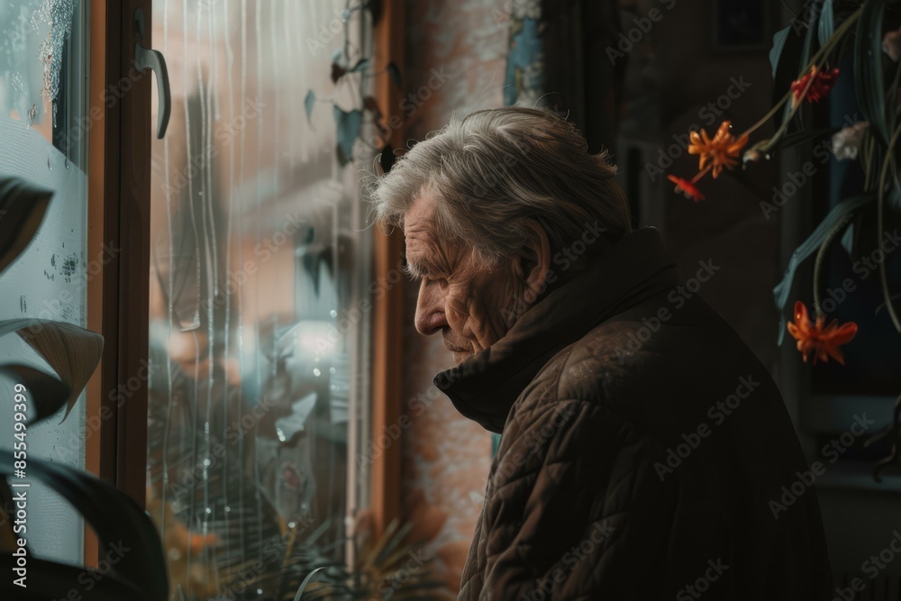 Elderly man sits by the window in his house and gazes outside. AI. Elderly man sits by the window in his house and gazes outside. AI.