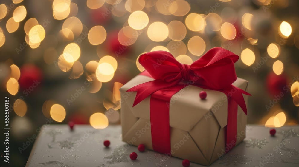 Festive Elegance: Christmas Present with Red Bow on White Table, Blurred Lights Background Offering Space for Text