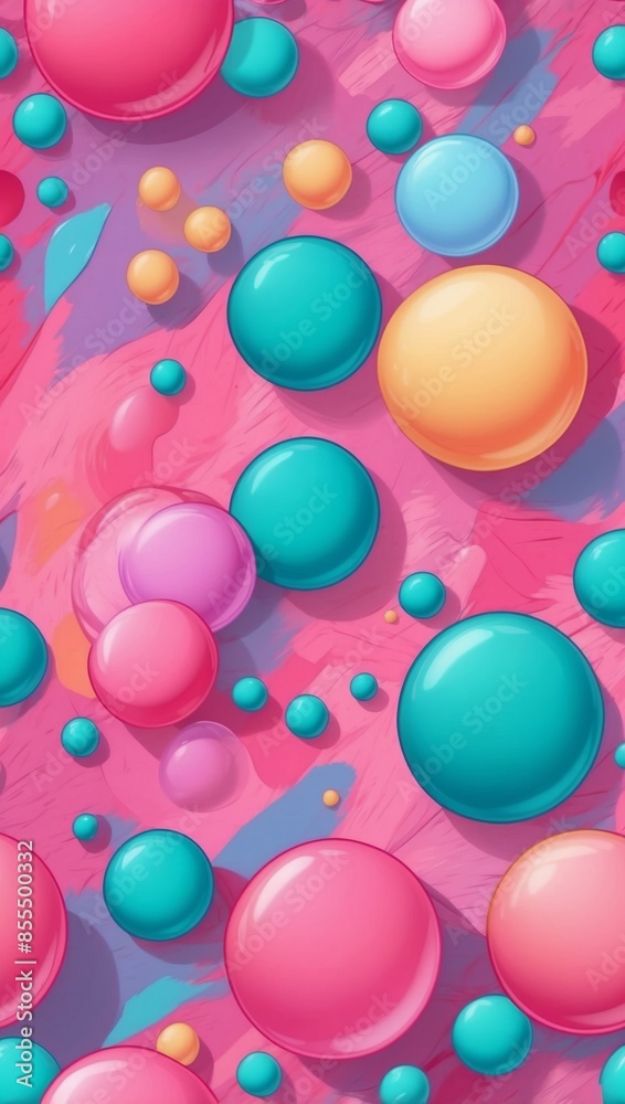 A vibrant wallpaper featuring a pattern of colorful spheres in shades of pink, blue, and yellow on a pink and blue textured background A vibrant wallpaper featuring a pattern of colorful spheres in shades of pink, blue, and yellow on a pink and blue textured background