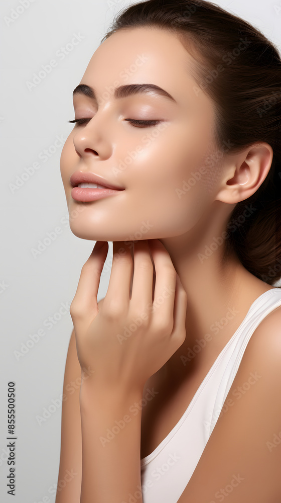 Close-up Asian woman with natural makeup touching her jaw. Skincare and Cosmetology concept with white background. Close-up Asian woman with natural makeup touching her jaw. Skincare and Cosmetology concept with white background.
