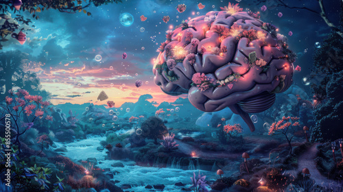 A surreal depiction of a brain-shaped forest at twilight, where luminous thought-bubbles bloom like exotic flowers.  