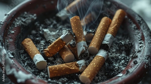 A shattered pack of cigarettes in an ashtray, symbolizing the end of smoking habits, dramatic lighting, raw style