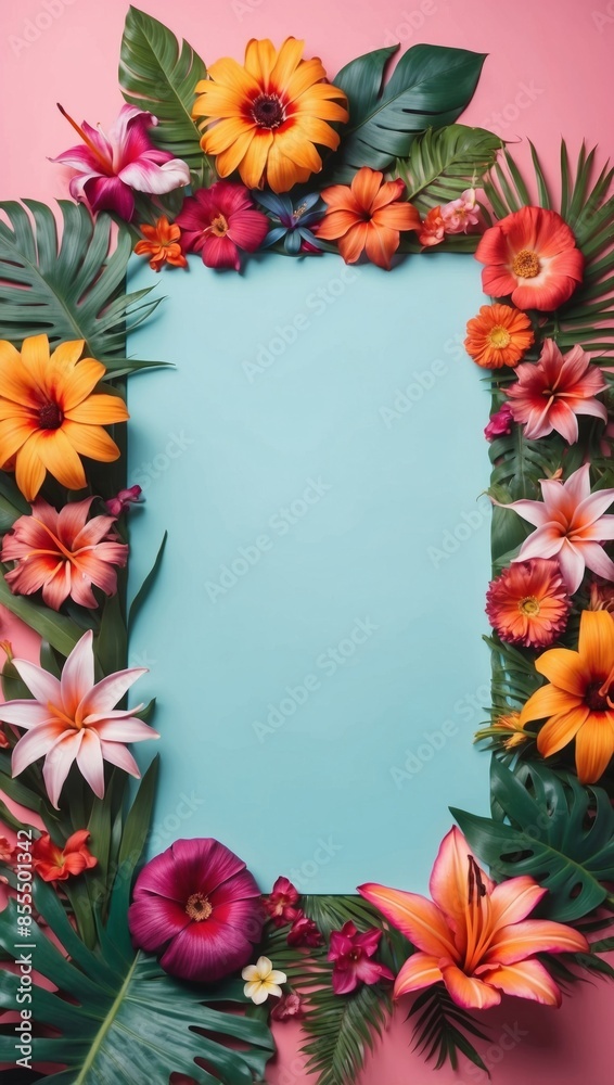 A vibrant wallpaper featuring a blank blue frame surrounded by a lush arrangement of tropical flowers and leaves on a pink background, copy space A vibrant wallpaper featuring a blank blue frame surrounded by a lush arrangement of tropical flowers and leaves on a pink background, copy space