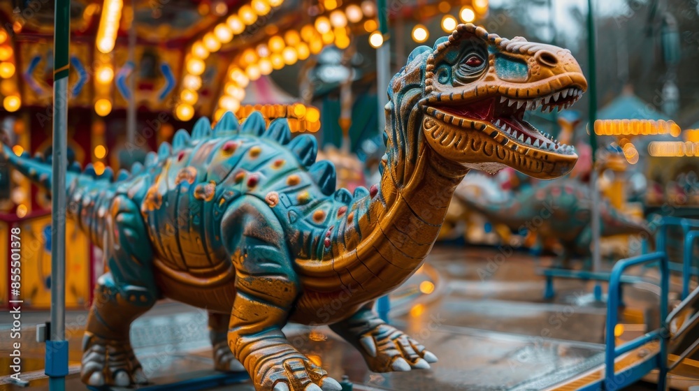 Fototapeta premium Amusing dino toy ride in an empty amusement park, vibrant and exaggerated design, playful and nostalgic feel