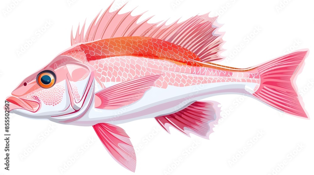 Fototapeta premium A snapper fish clipart, marine animal element, realistic illustration, silver and pink, isolated on white background