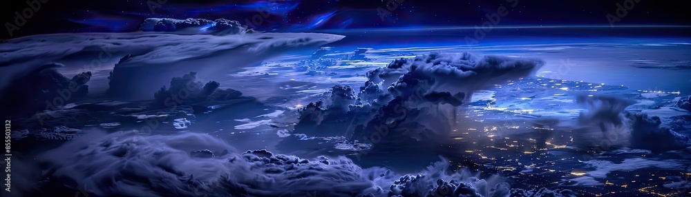Fototapeta premium A breathtaking panoramic view of dramatic storm clouds illuminated by city lights below, under a dark blue night sky.