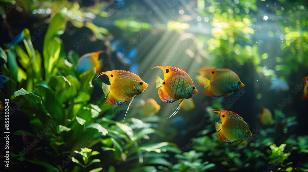 Beautiful aquarium with various angelfish gliding among lush greenery, creating a serene nature-inspired display Beautiful aquarium with various angelfish gliding among lush greenery, creating a serene nature-inspired display