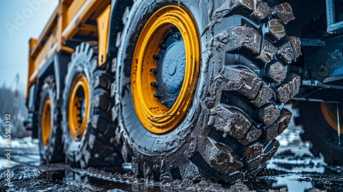 Big rubber wheels on a heavy truck, close-up shot showing detailed treads and robust construction, essential for logistics