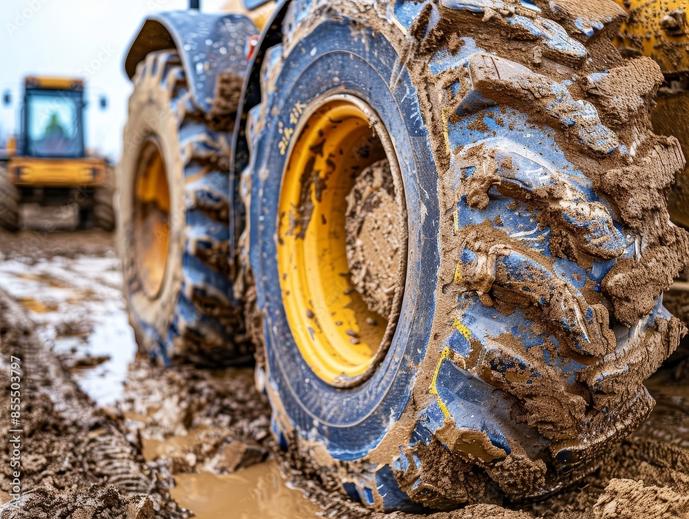 Close-up on the dirty wheels of a loader, soil and mud details, earthmoving tractor at a construction site Close-up on the dirty wheels of a loader, soil and mud details, earthmoving tractor at a construction site
