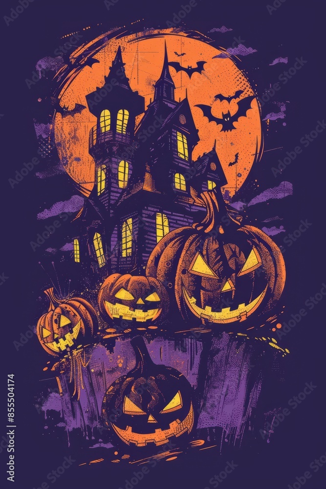 Fototapeta premium Graphic t-shirt design style halloween haunted house. Pumpkin heads. Purple background