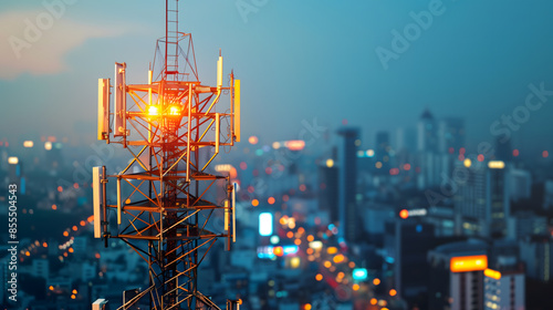 
Telecommunication tower with 5G cellular network antenna on city background, Global connection and internet network concept photo