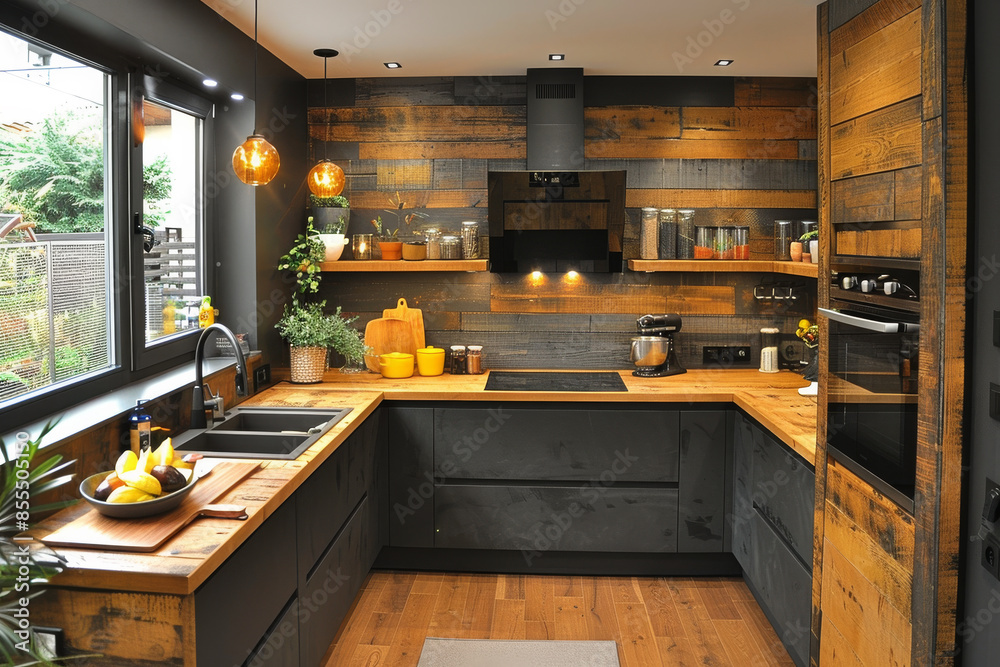 Panoramic Black and Wooden Kitchen Panoramic Black and Wooden Kitchen
