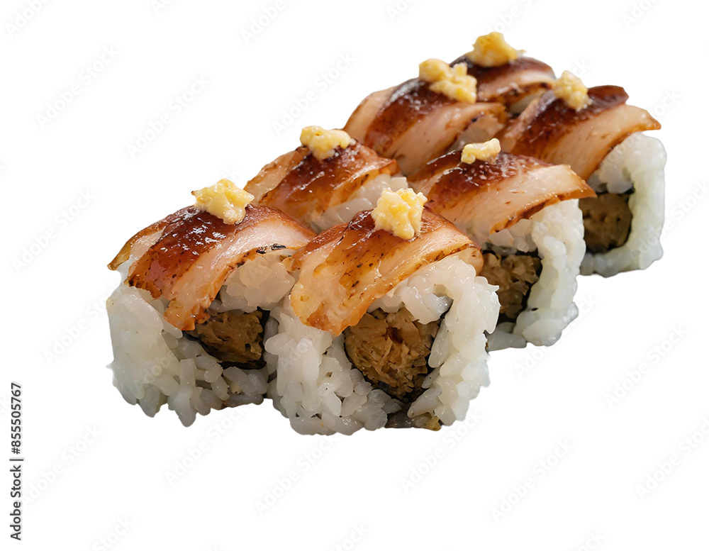 Bite sized pieces of brown rice sushi topped with smoked salmon Bite sized pieces of brown rice sushi topped with smoked salmon