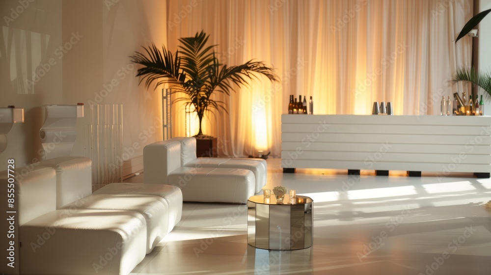 A white room with a white couch and a white table with a vase on it. The room is lit with a yellow light A white room with a white couch and a white table with a vase on it. The room is lit with a yellow light