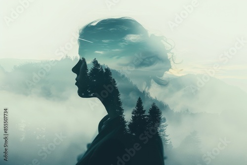 Double exposure silhouette of a woman's profile merged with a misty forest, symbolizing connection between person and nature.