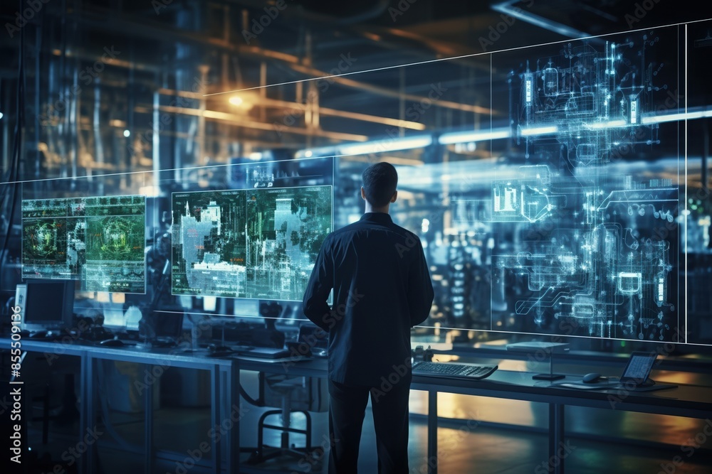 A man works in a futuristic office with advanced technology, surrounded by digital screens displaying data. Modern workspace innovation. A man works in a futuristic office with advanced technology, surrounded by digital screens displaying data. Modern workspace innovation.