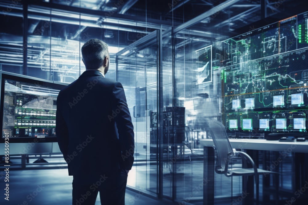 Businessman in modern control room monitoring tech systems, reflecting the future of technology and data analysis in a high-tech environment. Businessman in modern control room monitoring tech systems, reflecting the future of technology and data analysis in a high-tech environment.