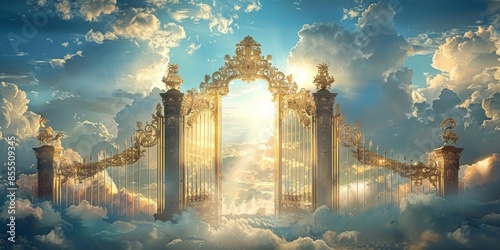 The golden gates of heaven in the sky, with clouds and bright light shining through them. The gate is adorned with gold accents and intricate designs, surrounded by ethereal blue skies photo