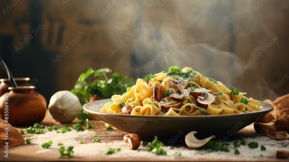 Delicious warm pasta garnished with mushrooms and herbs on a rustic wooden table. Delicious warm pasta garnished with mushrooms and herbs on a rustic wooden table.