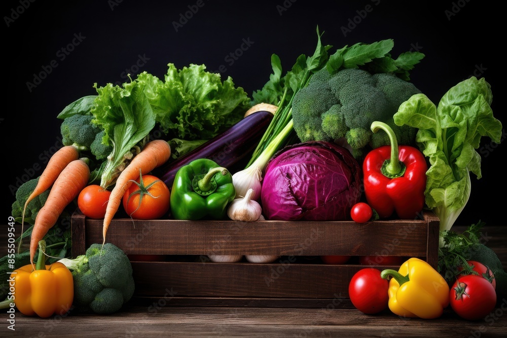 Fresh assorted vegetables in a wooden crate including carrots, bell peppers, broccoli, and leafy greens against a dark background. Fresh assorted vegetables in a wooden crate including carrots, bell peppers, broccoli, and leafy greens against a dark background.