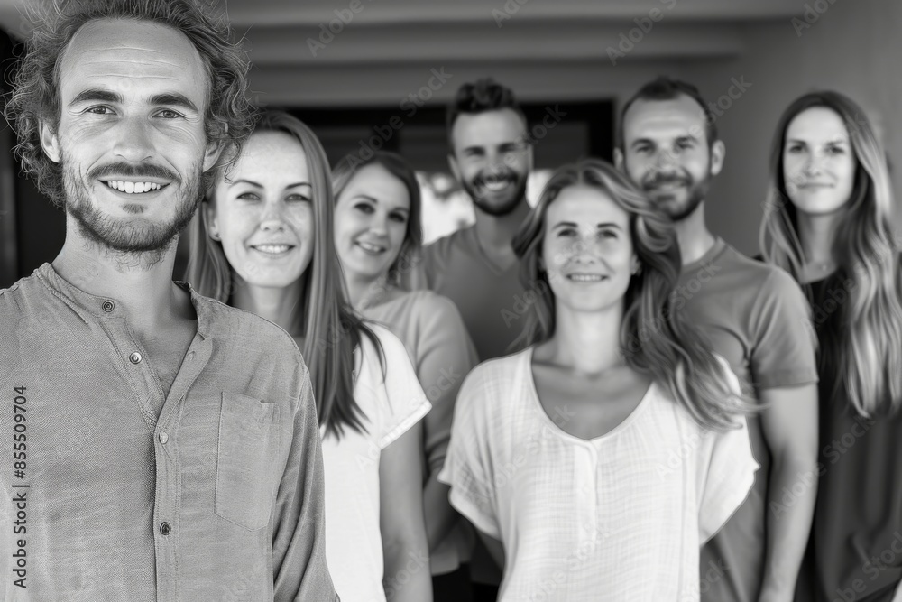 Portrait of a group of smiling people standing together in a row Portrait of a group of smiling people standing together in a row