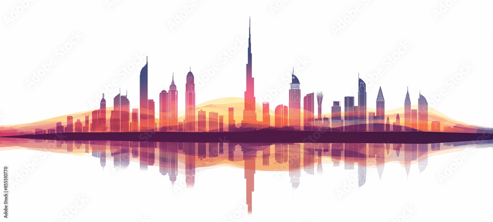 Dubai UAE city skyline with sleek silhouettes on white background Dubai UAE city skyline with sleek silhouettes on white background