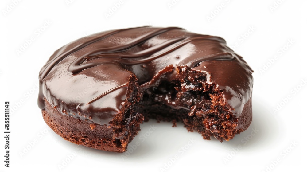 Decadent chocolate donut with rich frosting and a bite taken out, showcasing a gooey and indulgent interior, isolated on a white background. Decadent chocolate donut with rich frosting and a bite taken out, showcasing a gooey and indulgent interior, isolated on a white background.