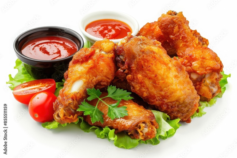 Delicious crispy chicken wings served with red sauce and fresh lettuce, perfect for a tasty and satisfying meal.