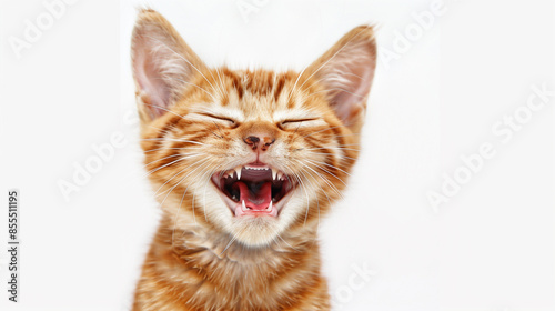 Laughing Ginger Tabby Kitten: An Adorably Funny Close-up Portrait Capturing the Joyful Expression and Playful Energy of a Happy Feline on a White Background. Image made using Generative AI