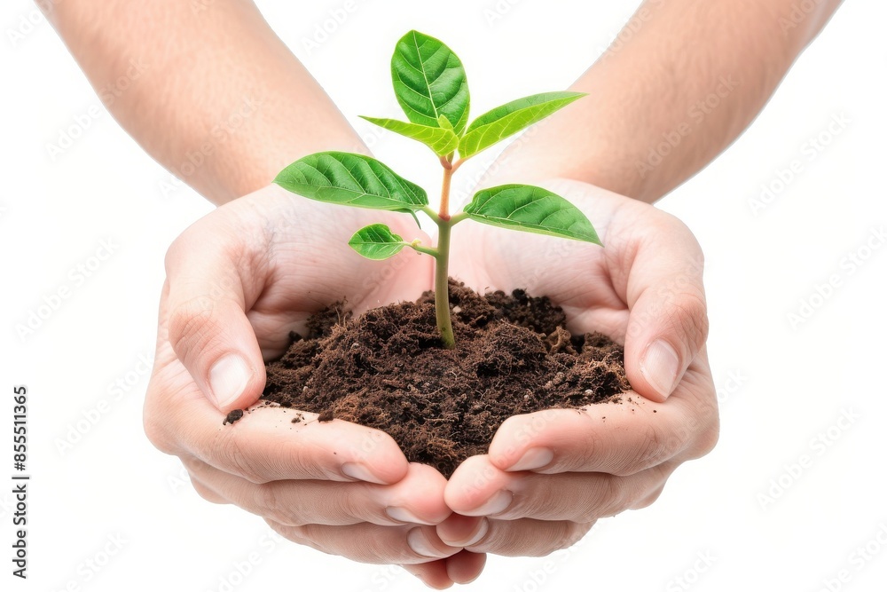 Hands holding soil with a young green plant sprouting, symbolizing growth, nurturing, and environmental sustainability. Hands holding soil with a young green plant sprouting, symbolizing growth, nurturing, and environmental sustainability.