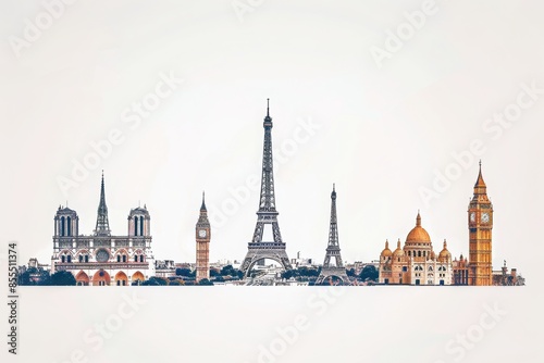 Illustrated cityscape of iconic European landmarks including Eiffel Tower, Big Ben, Notre Dame and more against a white background. photo