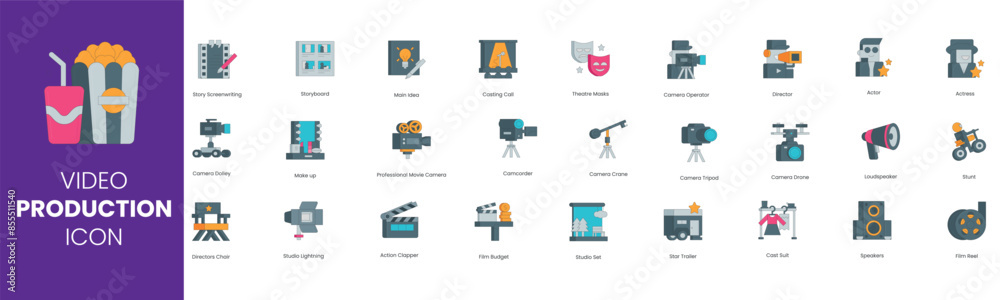 Naklejka premium Video production icon set. Simple vector art style icon pack. Vector illustration. editable eps 10