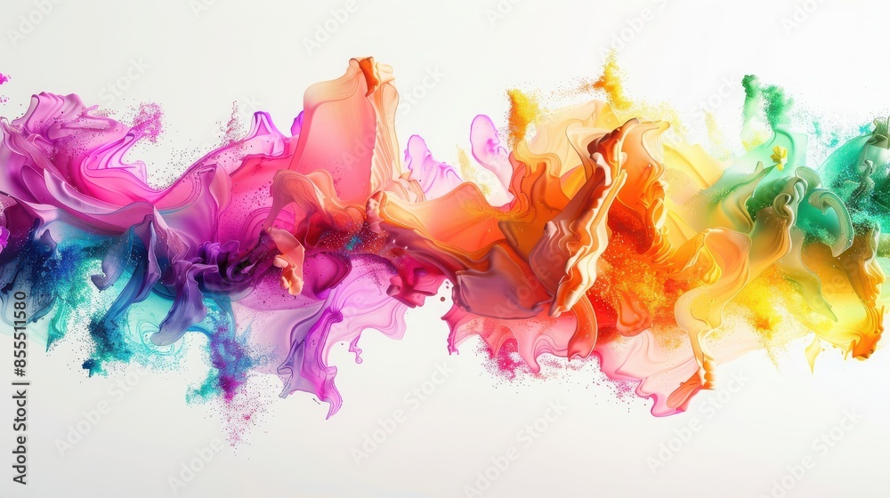 Fototapeta premium Vibrant abstract paint splash variety colors white background, creating dynamic energetic visual effect.