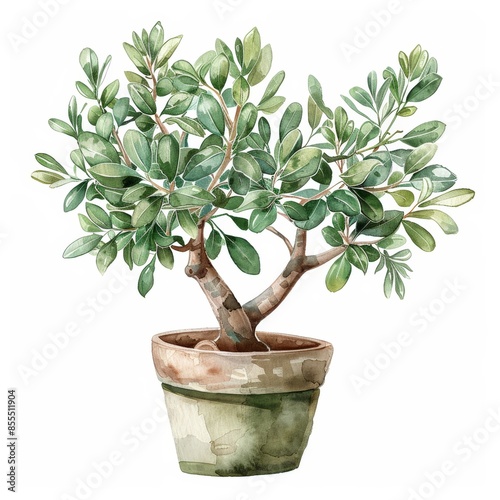 Lively Water Olive Plant Watercolor Illustration in Pot on White Background photo