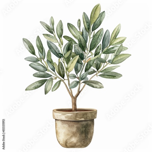 Vibrant Watercolor Illustration of Water Olive Plant (Elaeocarpus hygrophilus) in Pot on White Background photo