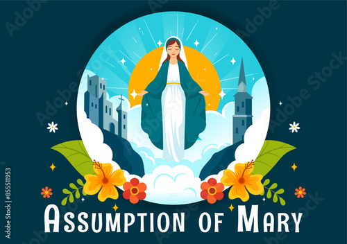 Assumption of Mary Christian Vector Illustration Featuring the Feast of the Blessed Virgin with Doves and Angels in Heaven in a Flat Background