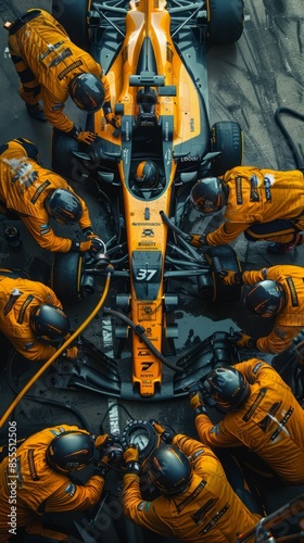 Formula One Pit Crew Working on a Race Car.