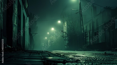 Nighttime on a grungy street with a vintage ambiance, low visibility, very quiet and deserted, creating a tense mood