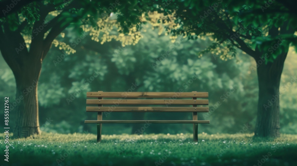 A peaceful park scene with an empty wooden bench under two lush trees, surrounded by greenery, capturing tranquility and nature. A peaceful park scene with an empty wooden bench under two lush trees, surrounded by greenery, capturing tranquility and nature.