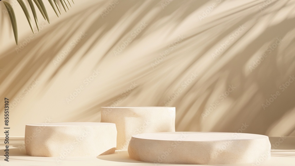 Empty stone podium for product display on beige wall background with leaf shadow