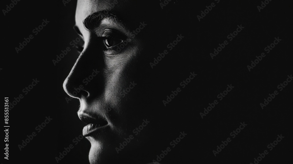 Black and white profile portrait of a woman, showcasing dramatic lighting and shadows, capturing a mysterious and contemplative mood. Black and white profile portrait of a woman, showcasing dramatic lighting and shadows, capturing a mysterious and contemplative mood.