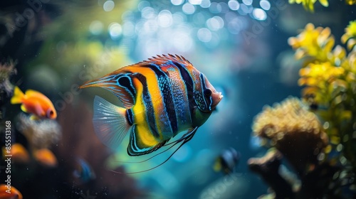 Majestic angelfish swimming in a large, nature-style aquarium, surrounded by vibrant plants and natural beauty photo