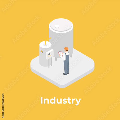 Vector isometric factory room on color background. Industry plant inside. Tank, industrial machinery, engineer concept.