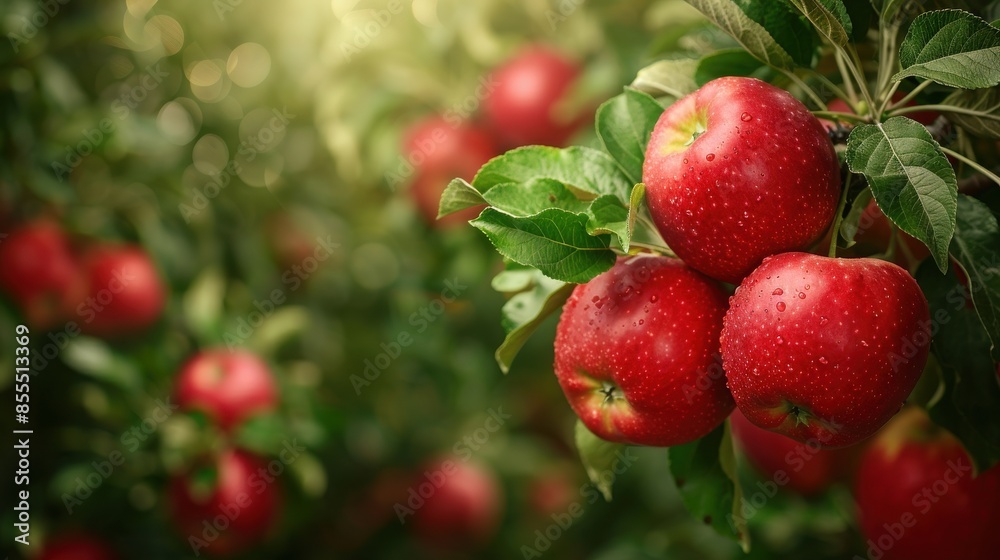 Close-up of red apples hanging on a tree branch in an orchard, illuminated by sunlight, showcasing freshness and natural beauty.