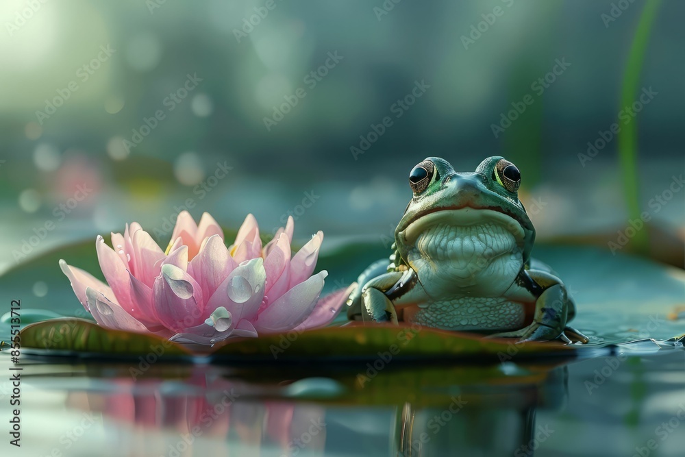 Frog and pink water lily in the pond. Frog and pink water lily in the pond.