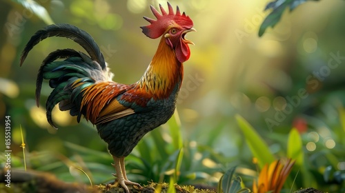 Wallpaper Mural Rooster Crowing in a Lush Green Forest. Torontodigital.ca