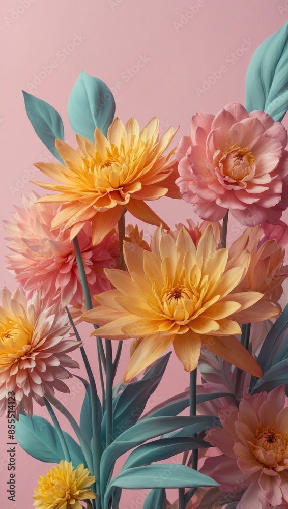 Obraz premium A close-up shot of a vibrant bouquet of pastel-colored flowers on a pink background, old film style