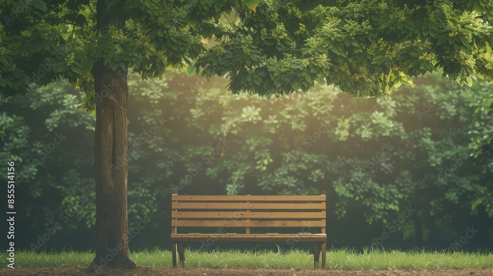 Peaceful park scene with a wooden bench under lush green trees and soft sunlight filtering through the foliage. Peaceful park scene with a wooden bench under lush green trees and soft sunlight filtering through the foliage.